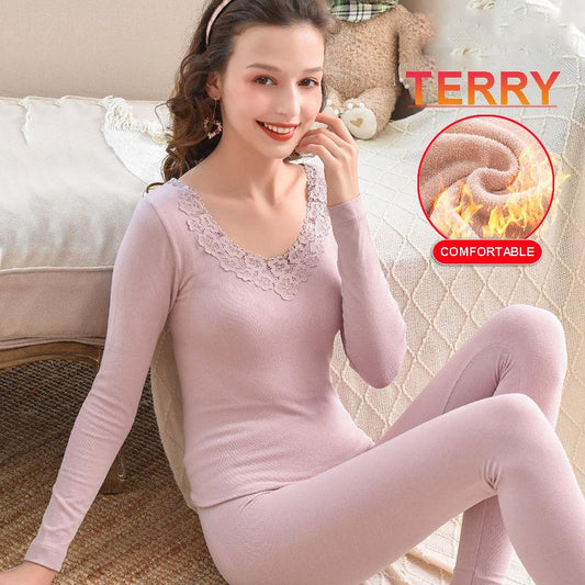 Thermal Underwear Women Thickened One Loop Fleece Heating Towel Fleece Heat Storage Body Tight Suit