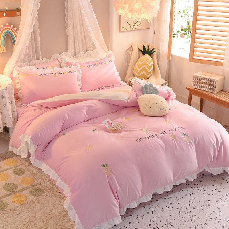 Princess Style Milk Velvet Winter Thick Crystal Velvet Four-piece Double-sided Quilt Cover Coral Velvet Bed Linen