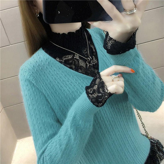 Autumn and Winter Fashion Simple Bottoming Shirt Lace Stitching V-neck Sweater Fashion Knitted Women's Top