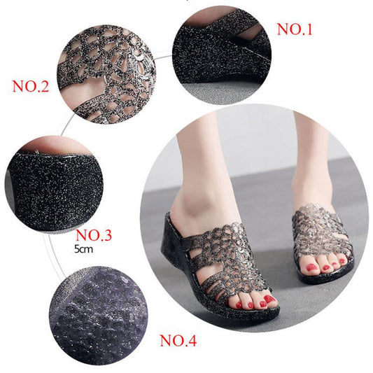 High-heeled Sandals and Slippers Plastic Non-slip Home Bathroom Thick-soled Slippers Ladies Beach Shoes Outer Wear Fish Mouth Sandals