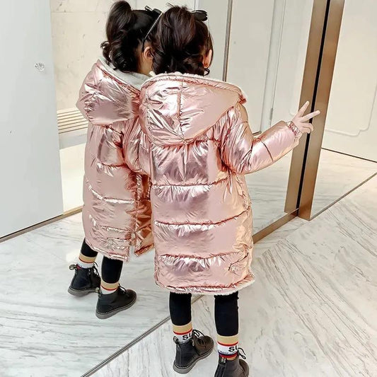 Girls Cotton Coat Autumn and Winter Fashion Casual Long-sleeved Hooded Thick Velvet Shiny Down Jacket Long Cotton Jackets