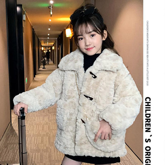 Girls Lamb Wool Coat Autumn and Winter Clothes Korean Version of Fur One Fashionable Foreign Children's Clothes Plus Cashmere Tide