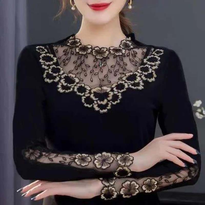 Spring and Autumn Lace Round Neck Bottoming Shirt Women's Long Sleeve Low Neck Top