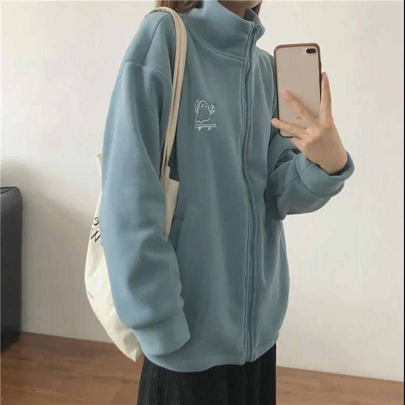 Winter Ladies Polar Fleece Jacket Fashion Korean Thick Embroidered High Neck Zipper Jacket Suitable for Young Women