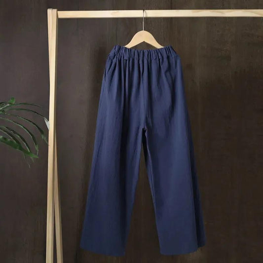 Women Summer 100% Cotton Large Size Wide Leg Casual Pants Loose Elastic Waist Solid Color Thin Cropped Pants