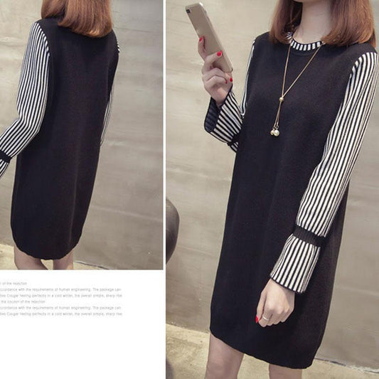 Autumn and Winter Loose Fashion Sweater Dress Mid-length Trumpet Sleeve Pullover Base Skirt Simple Casual Women Sweater Dress