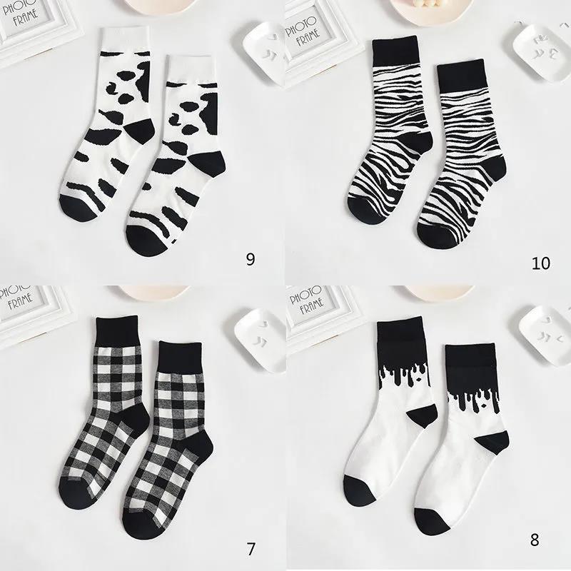 Four Pairs of Women's Cotton Cartoon Socks, Black Cow Pattern Print Socks