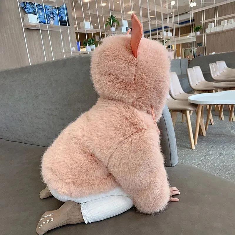Girls Winter Thickening Plus Fluffy Sweaters Girls Middle and Small Children's Fur Cotton Clothes To Keep Warm Pure Color Rabbit Fur