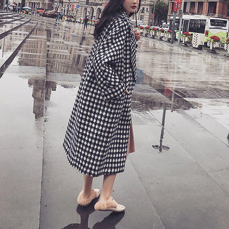 Fashion Plaid Coat Ladies Loose Long Woolen Coats Winter Trench Single Breasted Overcoat
