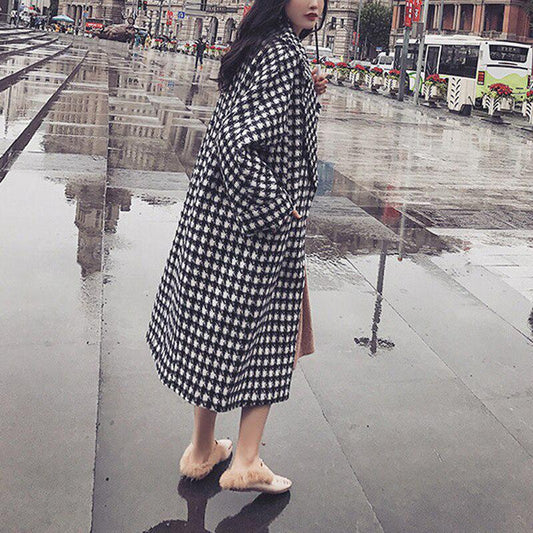 Fashion Plaid Coat Ladies Loose Long Woolen Coats Winter Trench Single Breasted Overcoat