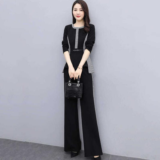 Black Spring and Autumn Suit Fitting Temperament Wide Leg Pants Casual Two-piece Round Neck Long Sleeve Shirt + Loose Wide Leg Pants