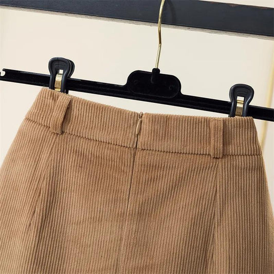 Half-length Skirt Female Autumn and Winter Thick Section Small Sneak Cord Velvet High Waist Slim A Grade Skirt Pleated Short Skirt