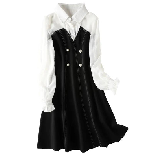 French Bellflower Skirt Fake Two-piece Dress Female Autumn Clothes Three-quarter Sleeve Temperament Waist Waist A-line Skirt