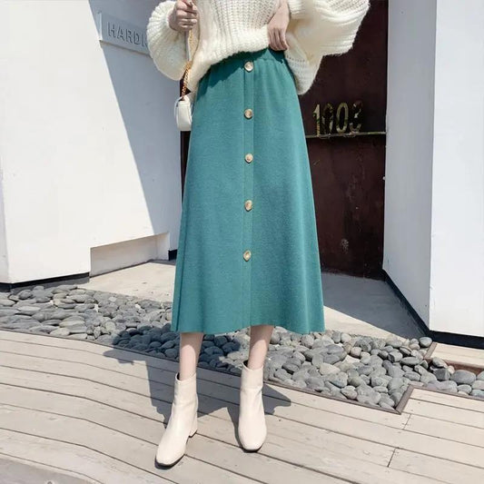 Knitted Skirt Female Autumn and Winter High Waist A-line Thick Woolen Long Skirt Mid-length Winter with Sweater