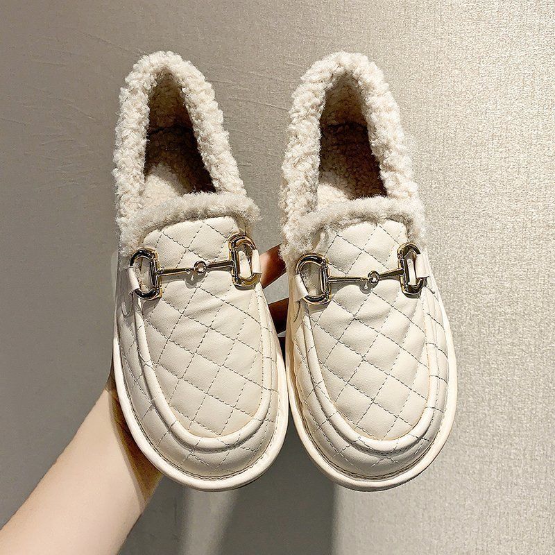 Women's Plush Cotton Shoes for Winter Wear Flat-bottomed Non-slip Plus Velvet Thick One-step Lazy Beanie Shoes Ladies Warm Moccasin Shoes