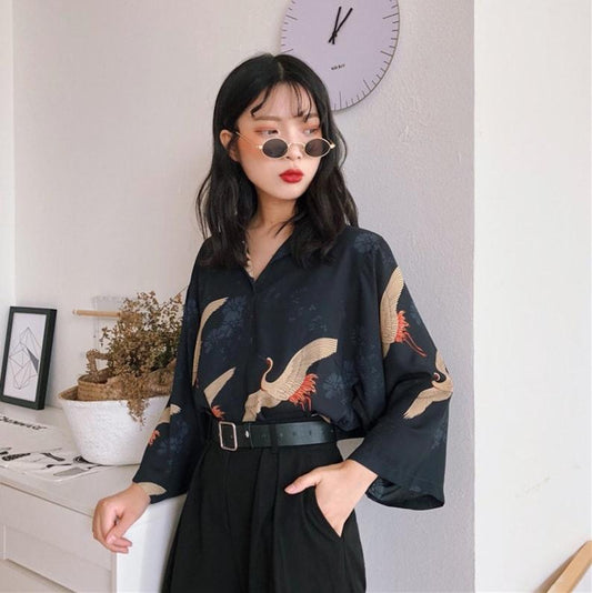 Vintage Kimono Style Japanese Cranes Classical Art Front and Back Printed Flare Sleeves Shirt Blouse Soft Wrinkle Free Cute Tunic For Her