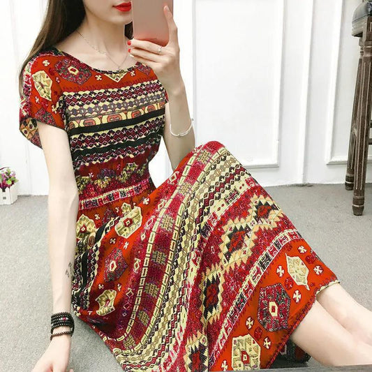 Ethnic Style Long Dress Casual Comfort Cotton Dress Plus Size Short Sleeve Dress Summer