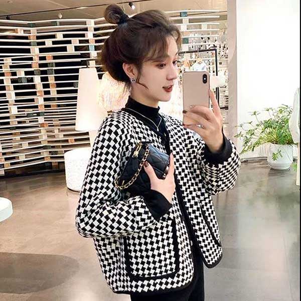 Round Neck Houndstooth Short Coat Women's Spring and Autumn High-end Foreign Style All-match Long-sleeved Top