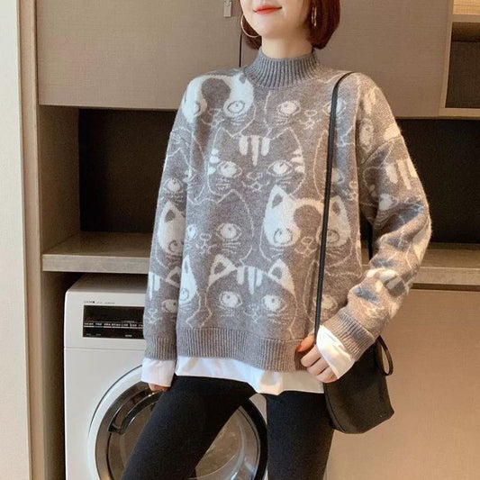 Autumn Winter Women Fashion Sweater Casual Knitting Sweater Print Round Neck Pullovers Loose Casual Long Sleeve Sweater