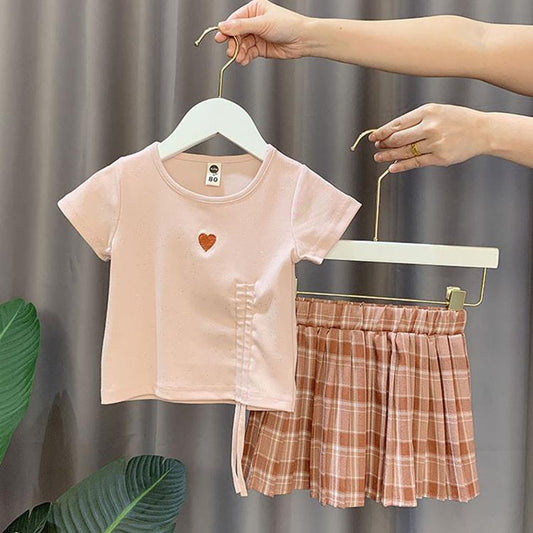 2PCS Children Clothing Set Spring Summer Girls Suits Embroidery Short Sleeve Bright Silk Tops + Pleated Plaid Dress Clothing Set