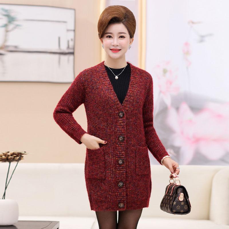 Autumn and Winter V-neck Cardigan Sweater Mid-length Casual Slim Jacket Simple Middle-aged and Elderly Ladies Jacket