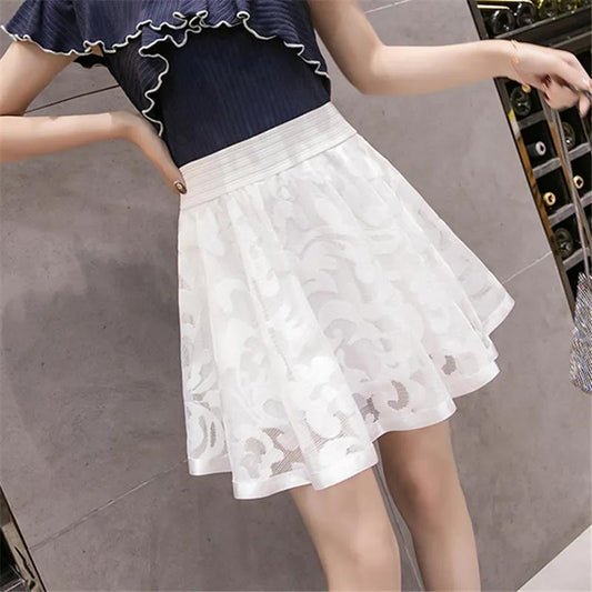 Women's Pleated Skirts Female Summer Elastic High Waist Short Ball Gown Skirt Girl's Solid Color Lace A-line Mini Skirts