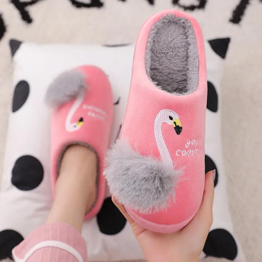 Autumn and Winter Pure Cotton Slippers Flamingo Design Shoes Fashion Flat Cotton Shoes Indoor Casual Shoes