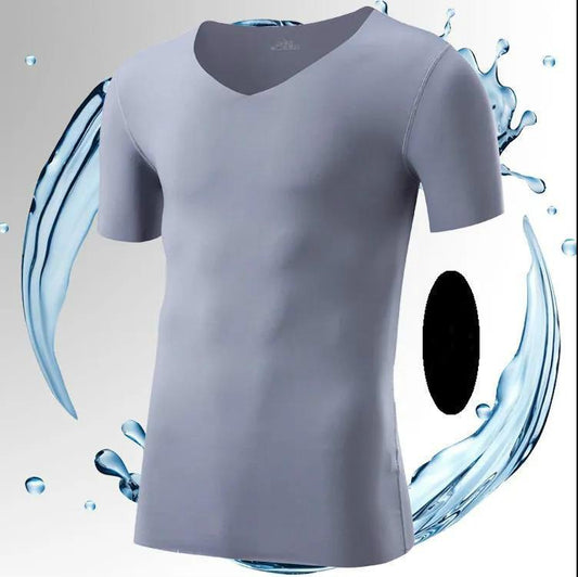 Summer Men's Ice Silk Seamless Short-sleeved Solid Color Stretch Men's T-shirt V-neck Quick-drying Thin Section Slim Half-sleeved Bottoming Shirt