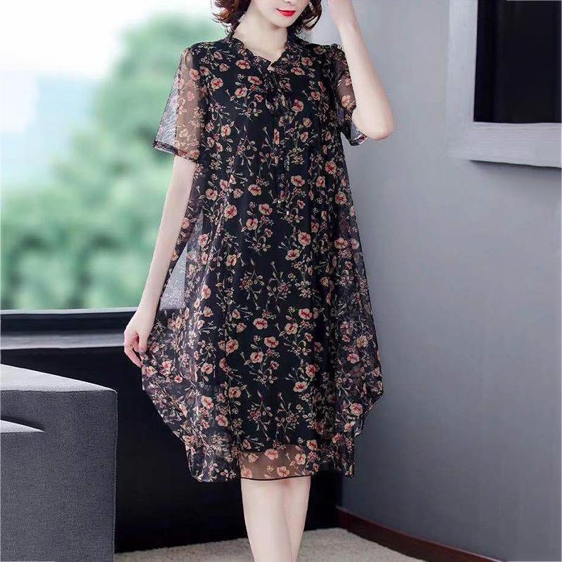 Chiffon Floral Dress L-XXXXXL Women's Summer Veil Short Sleeve Round Neck Lightweight and Breathable