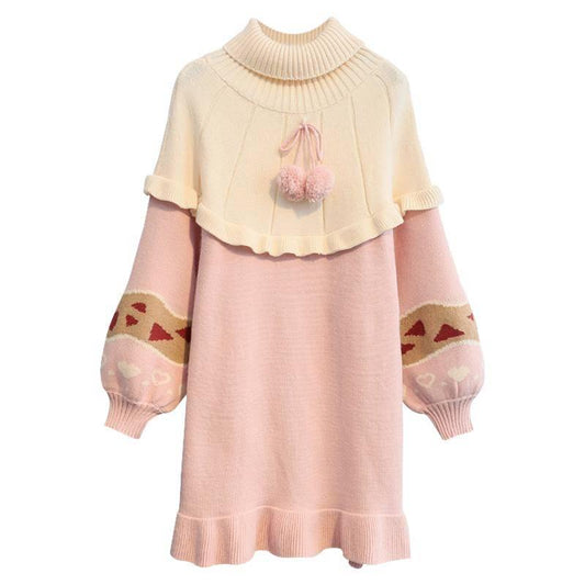 Mid-length Turtleneck Sweater Women's Sweet Knitted Loose Ruffles Schoolgirl Pullover Dress