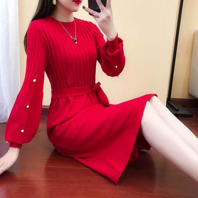 Autumn and Winter Mid-length Solid Color Sweater Women's Lantern Sleeve Fashion Dress