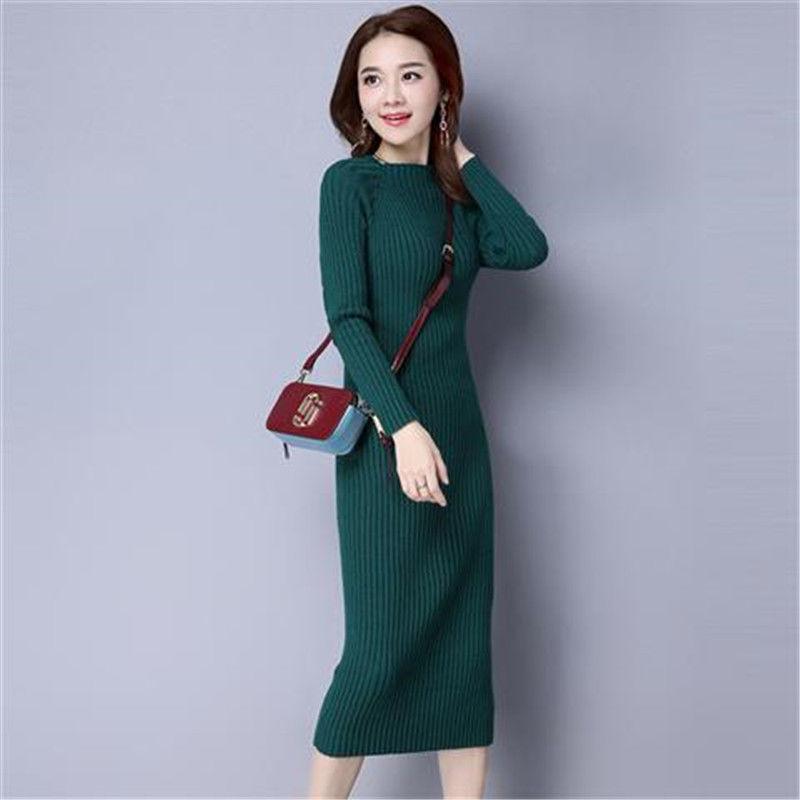 Thick Long Sweater Dress Women Half-high Autumn Winter Sweater Dress Female Casual Loose Knit Dress