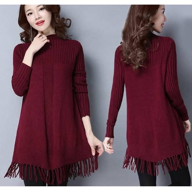 Pofulove Women Long Sweater Dress Long Section Turtleneck Tassel Pullover Base Knitted Blouse