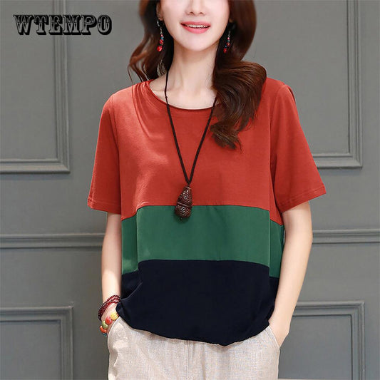 casual large size L-4XL loose long-sleeved T-shirt female Stitching t-shirt O-Neck T-shirt