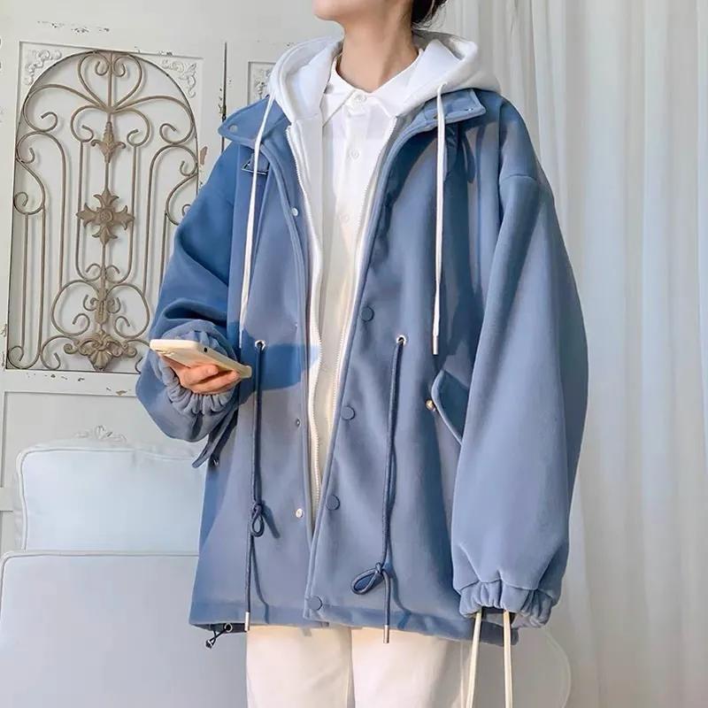 Fake Two-piece Velvet Thick Jacket Youth Hooded Zipper Cardigan Unisex Autumn and Winter Windbreaker Loose Casual Thick Coat