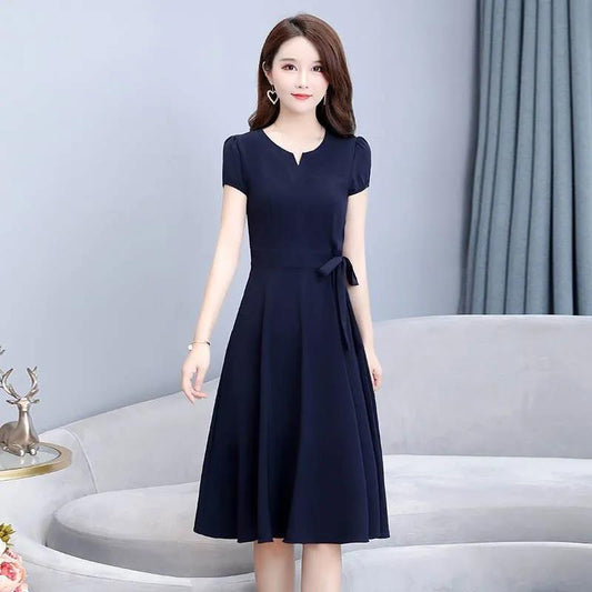 Summer Plus Size Women's Dress Mid-length Over-the-knee Belt Slim-fit A-line Long Dress