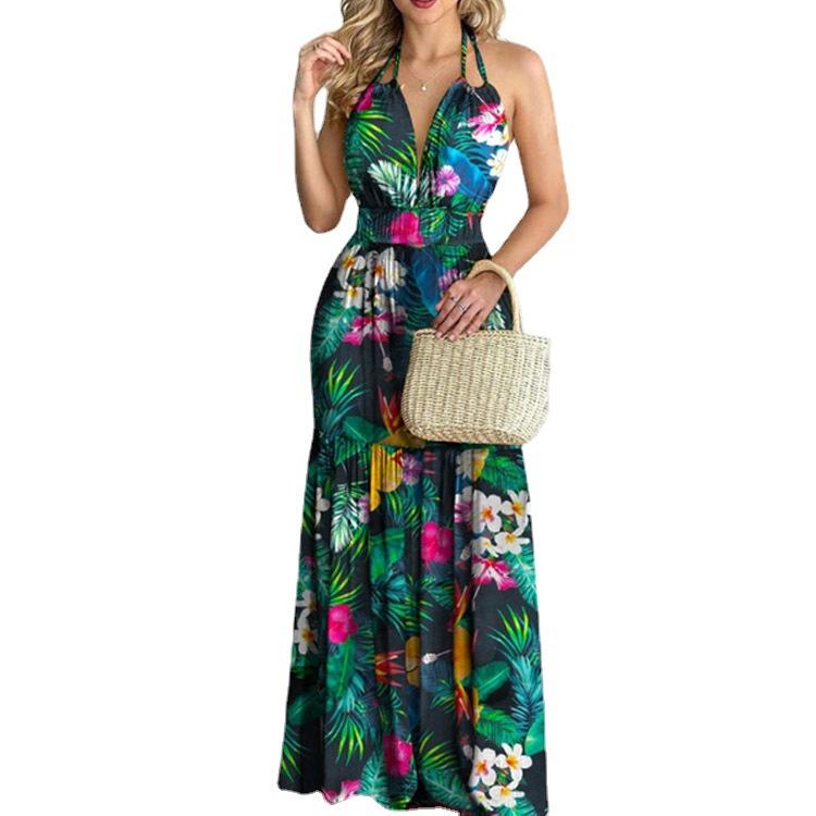Halter Sexy S-XXL Women's Backless Sleeveless Sling Suspender Dress Deep V-neck Bohemian Style Long Beach Dress