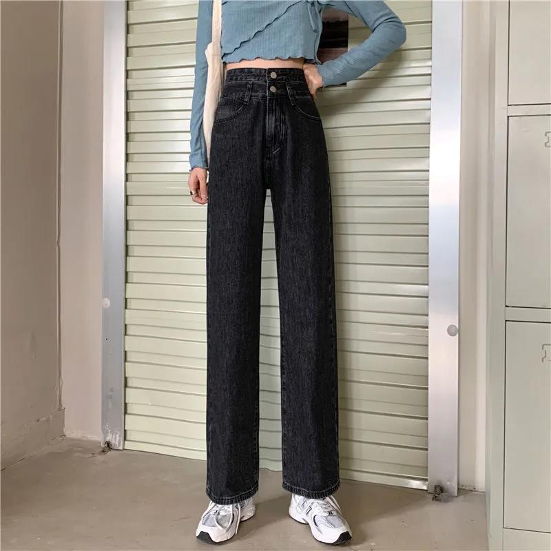 Spring Ins Retro High Waist Loose Straight Jeans Female Students All-match Thin Wide-leg Pants Trousers Tide
