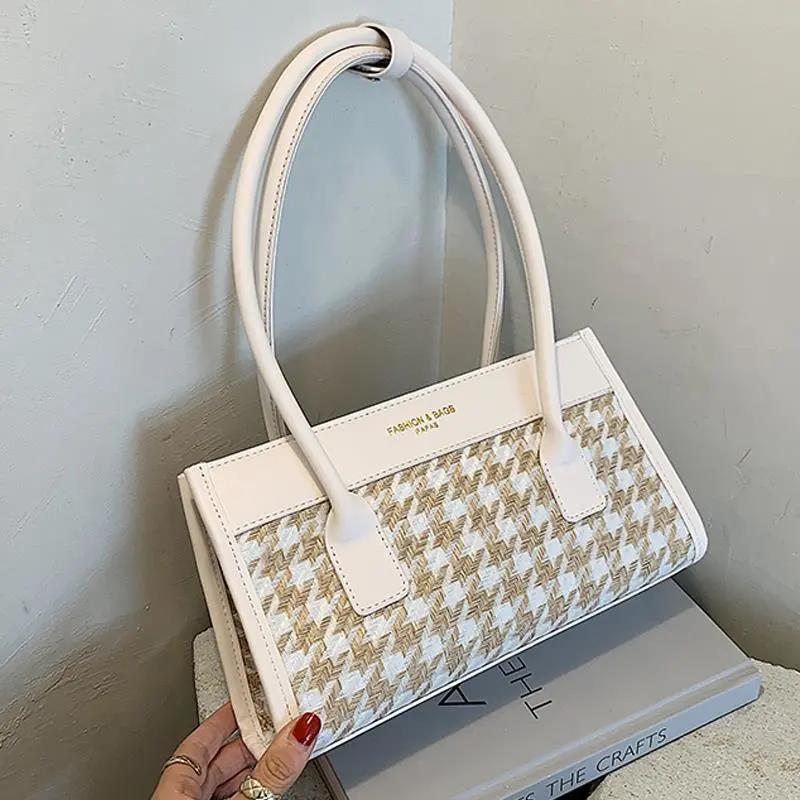 Check Pattern Handbag PU Leather Armpit Bag for Women Shoulder Lady Simple Elegant Baguette Bag