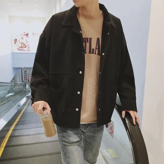 Solid Color Cotton Lapel Work Jacket Men's Loose Korean Style Trend All Match Casual Cardigan Jacket Sweatshirt