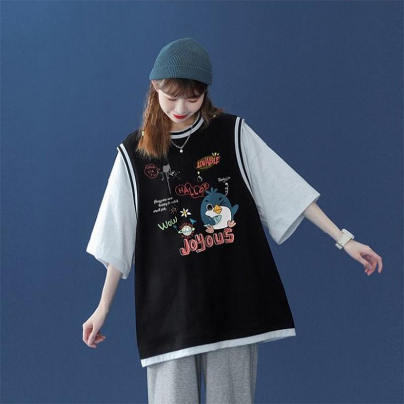 Fake Two-piece Basketball Uniform Short-sleeved T-shirt Women's Loose Design Sense Niche Fried Street Half-sleeve Top Trendy