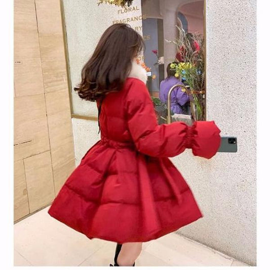 Christmas Big Fur Collar Cotton Jacket Women Winter New Sweet and Thick Mid-length Waist Red Puffy Cotton Jacket Women