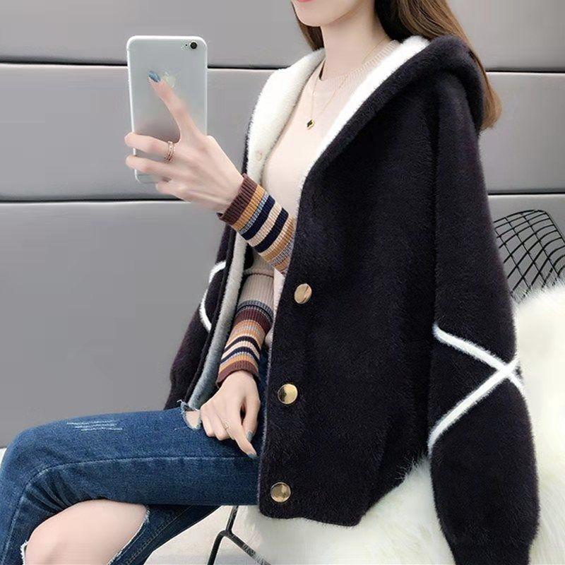 Loose Hooded Long Sleeve Sweater Autumn and Winter Button Cardigan Warm Top Mink Fleece Fashion Casual Jacket