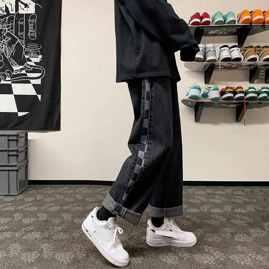 Plaid Stitching Jeans Men's Korean Version of The Trend Loose Trousers Autumn Ins Hong Kong Style Casual Wide-leg Daddy Pants