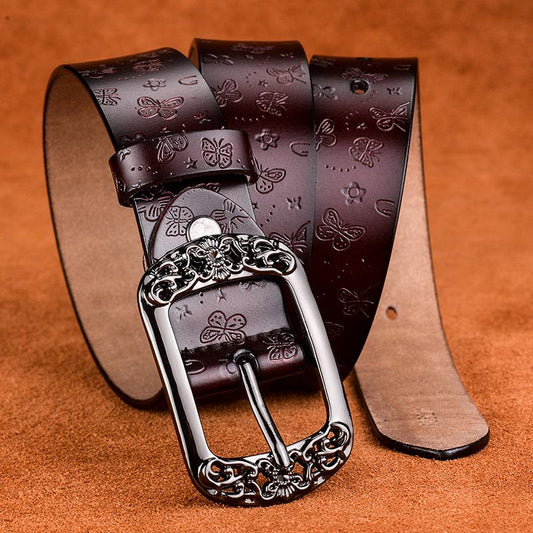 Belt New Retro Cowhide Leather Belt Women Fashion Embossing Pin Buckle Casual Jeans Wide