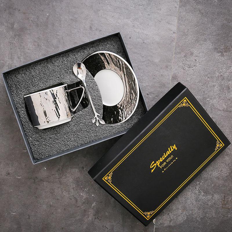 European Style Small Luxury Coffee Cup Embossed Ceramic Cup with Gold Flower Tea Cup and Saucer Set Simple with Saucer Spoon Set Cup