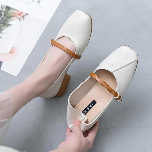 Soft Leather Single Shoes Women Shallow Mouth Flat Casual Shoes Thick Heel Mid-heel High Heels Square Toe Ladies Shoes