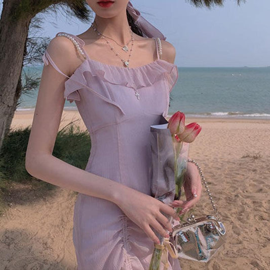 Sling Dress Slimming Short Skirt Female Gentle Wind Sweet Cute Sling Dress Ladies Dress Fabric Light and Breathable Ruffled Cute Princess Style