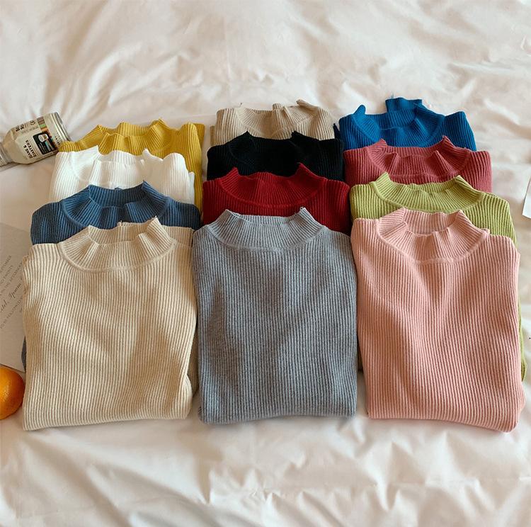 Pure Color Spring and Autumn Ladies Half High Neck Long Sleeve Sweater Bottoming Shirt Slim Half High Neck Sweater