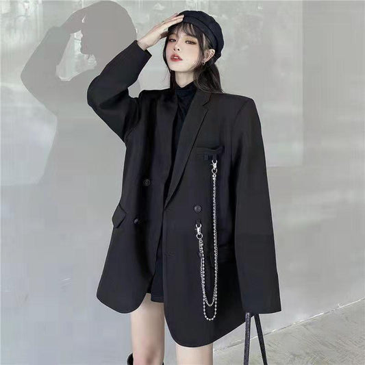 Suit Jacket Women's Trendy Dark Black Retro Loose And Thin Fried Street Suit Jacket Women 2022 Spring And Autumn Loose Coat